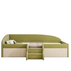 Redom Lit 90x190 cm tapissé velours vert et crème, colorblock, barrières de sécurité et marches antidérapantes Online