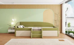 Redom Lit 90x190 cm tapissé velours vert et crème, colorblock, barrières de sécurité et marches antidérapantes Online