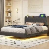 Redom Lit 140x200 cm tapisse tissu lin gris, bande LED multicolore, port USB, coffre de rangement et tete de lit reglable Sale