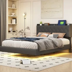 Redom Lit 140x200 cm tapisse tissu lin gris, bande LED multicolore, port USB, coffre de rangement et tete de lit reglable Sale