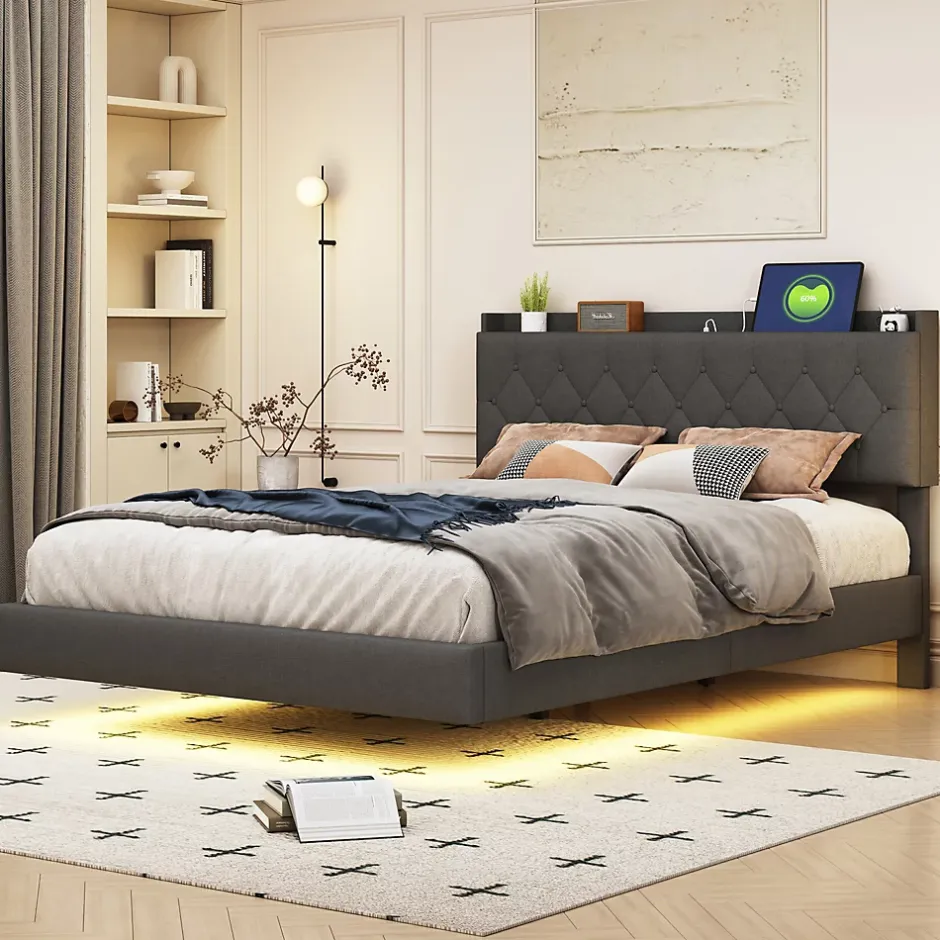 Redom Lit 140x200 cm tapisse tissu lin gris, bande LED multicolore, port USB, coffre de rangement et tete de lit reglable Sale