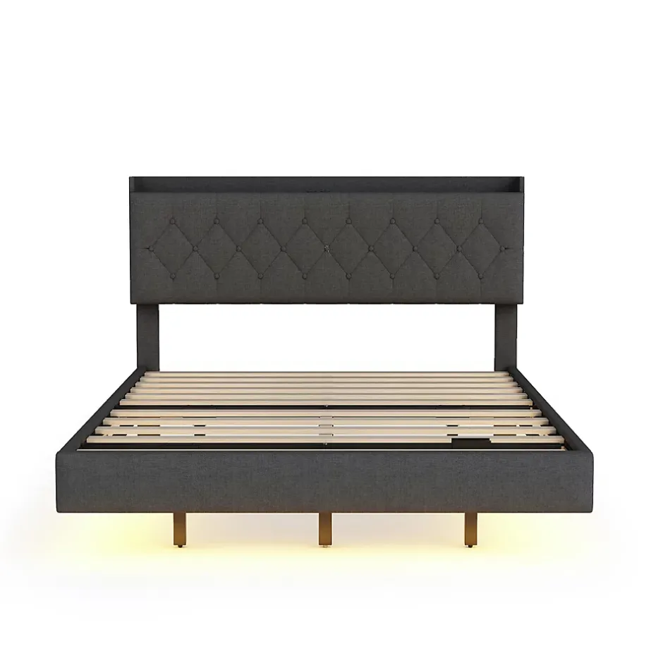 Redom Lit 140x200 cm tapisse tissu lin gris, bande LED multicolore, port USB, coffre de rangement et tete de lit reglable Sale