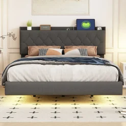 Redom Lit 140x200 cm tapisse tissu lin gris, bande LED multicolore, port USB, coffre de rangement et tete de lit reglable Sale