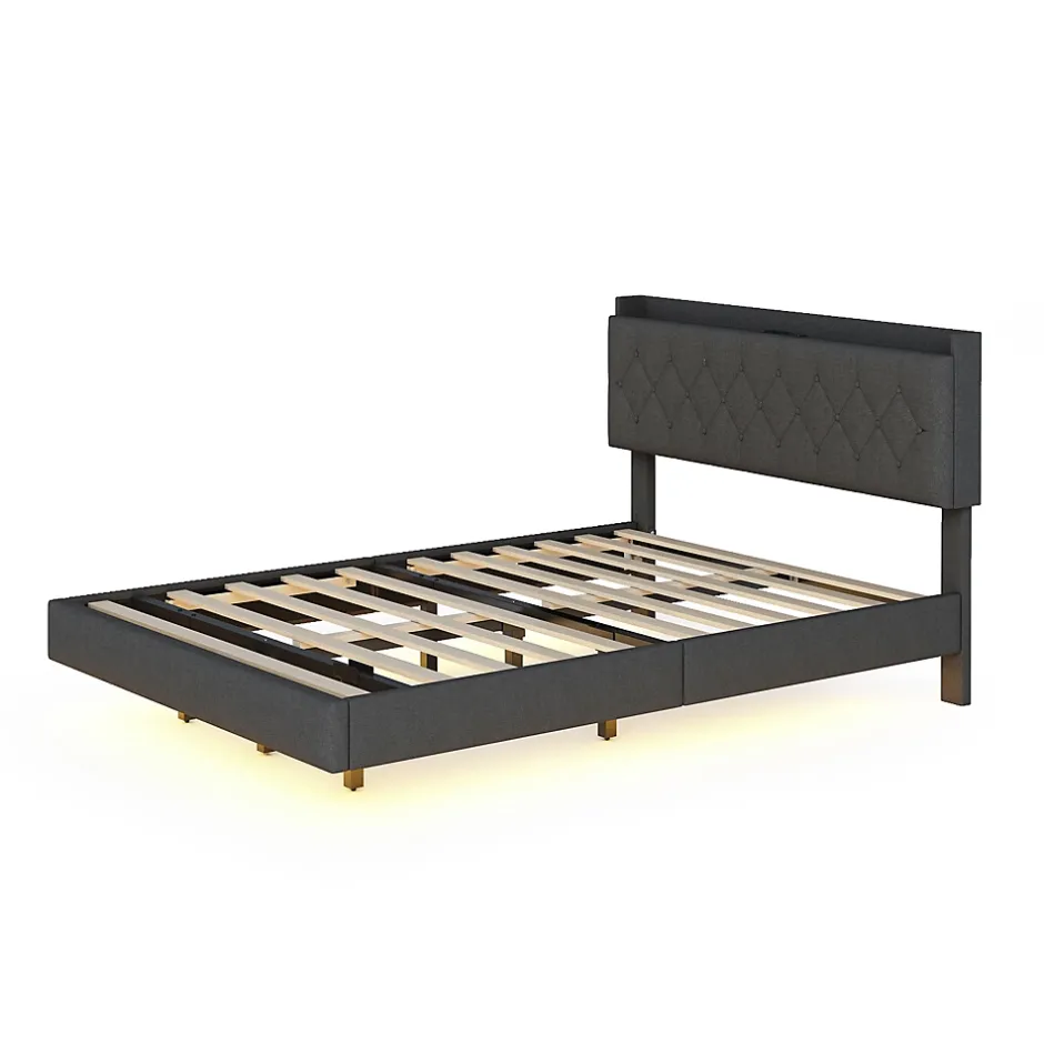 Redom Lit 140x200 cm tapisse tissu lin gris, bande LED multicolore, port USB, coffre de rangement et tete de lit reglable Sale