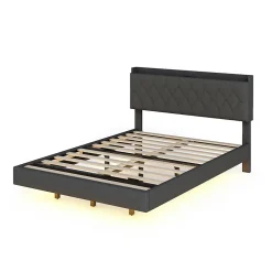 Redom Lit 140x200 cm tapisse tissu lin gris, bande LED multicolore, port USB, coffre de rangement et tete de lit reglable Sale