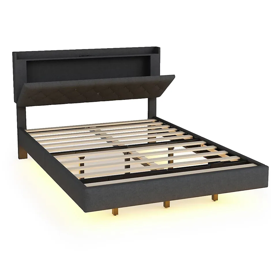 Redom Lit 140x200 cm tapisse tissu lin gris, bande LED multicolore, port USB, coffre de rangement et tete de lit reglable Sale
