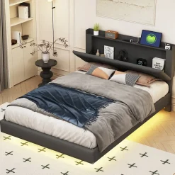 Redom Lit 140x200 cm tapisse tissu lin gris, bande LED multicolore, port USB, coffre de rangement et tete de lit reglable Sale