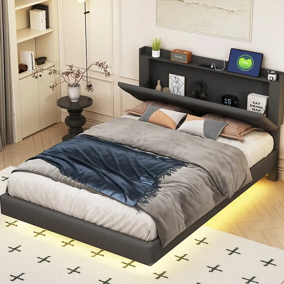 Redom Lit 140x200 cm tapisse tissu lin gris, bande LED multicolore, port USB, coffre de rangement et tete de lit reglable Sale