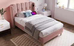 Redom Lit 90x200 cm tapisse velours rose avec tete de lit rembourree et prise USB Type C integree
