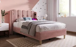 Redom Lit 90x200 cm tapisse velours rose avec tete de lit rembourree et prise USB Type C integree