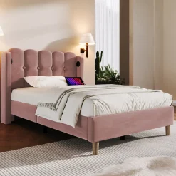Redom Lit 90x200 cm tapisse velours rose avec tete de lit rembourree et prise USB Type C integree