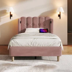 Redom Lit 90x200 cm tapisse velours rose avec tete de lit rembourree et prise USB Type C integree