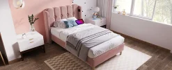 Redom Lit 90x200 cm tapisse velours rose avec tete de lit rembourree et prise USB Type C integree