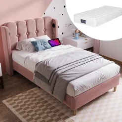Redom Lit 90x200 cm tapisse velours rose avec tete de lit rembourree et prise USB Type C integree
