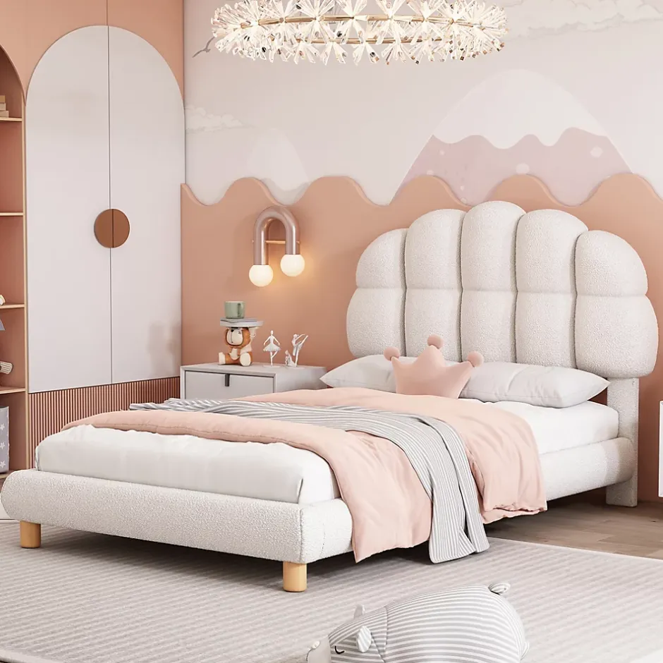 Redom Lit 90x200 cm tapisse velours blanc, tete demi cercle reglable et cadre MDF robuste et securisant Hot