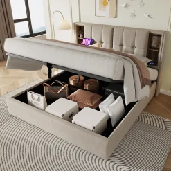 Redom Lit 160x200 cm tete de lit avec rangement et ports USB Type C, tapisse lin, coffre a verins Outlet