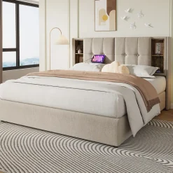 Redom Lit 160x200 cm tete de lit avec rangement et ports USB Type C, tapisse lin, coffre a verins Outlet