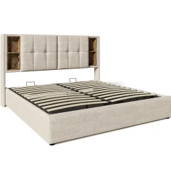 Redom Lit 160x200 cm tete de lit avec rangement et ports USB Type C, tapisse lin, coffre a verins Outlet