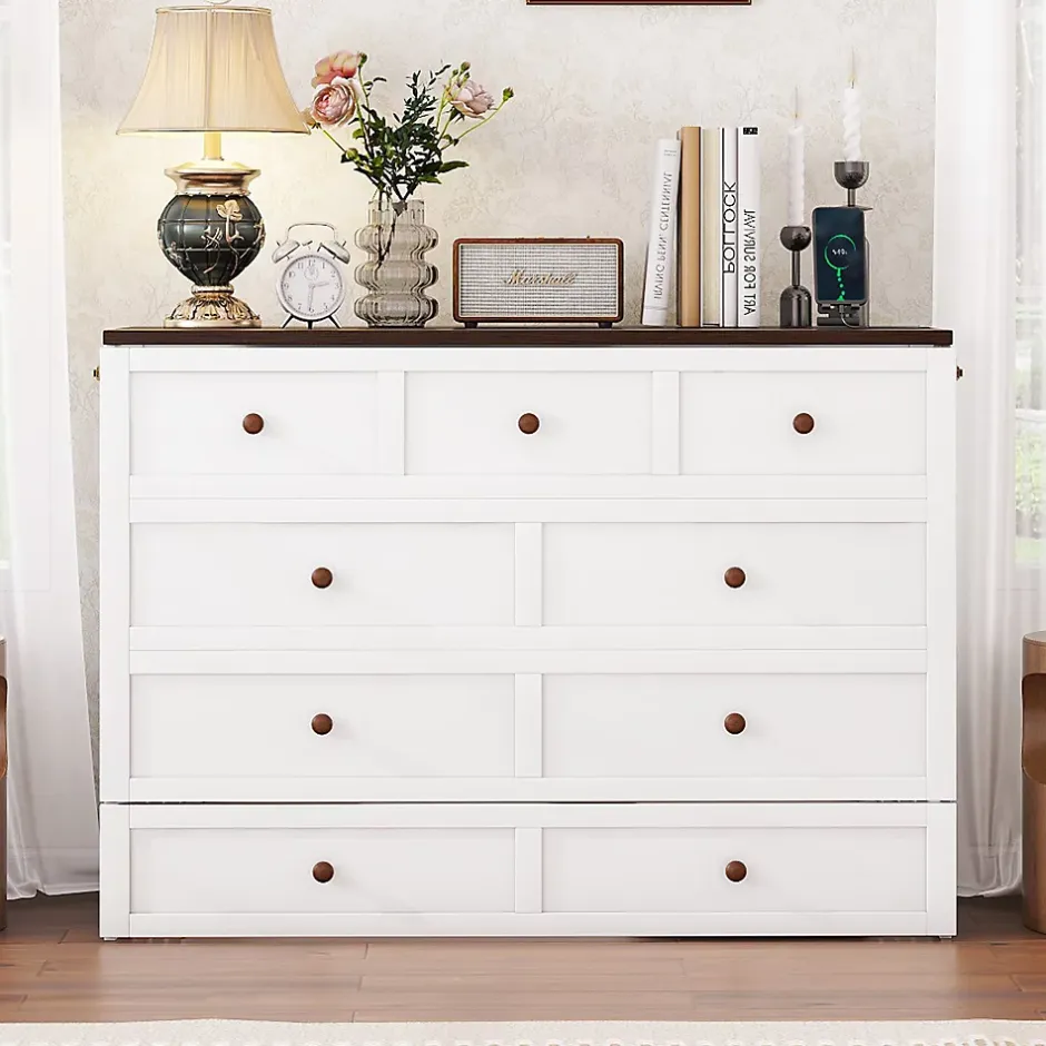 Redom Lit 140x200 cm transformable en armoire, avec tiroirs de grande capacité, tête étagère et prises USB, blanc Outlet