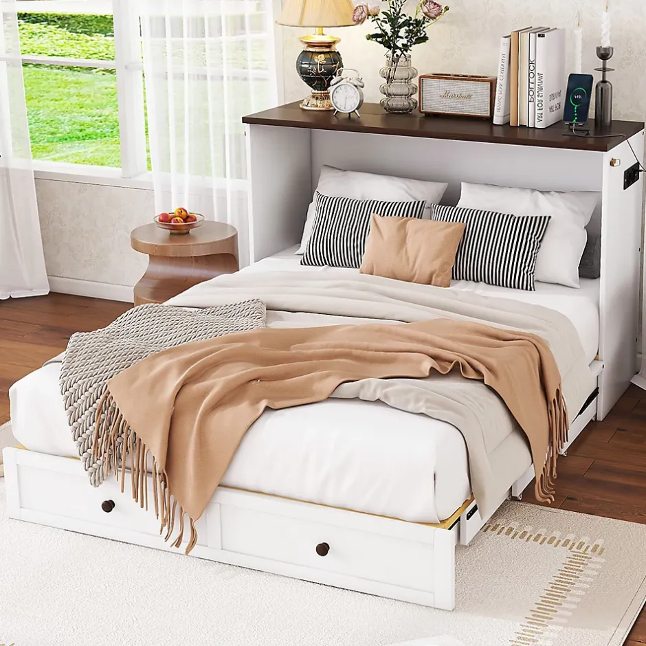 Redom Lit 140x200 cm transformable en armoire, avec tiroirs de grande capacité, tête étagère et prises USB, blanc Outlet
