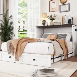 Redom Lit 140x200 cm transformable en armoire, avec tiroirs de grande capacité, tête étagère et prises USB, blanc Outlet