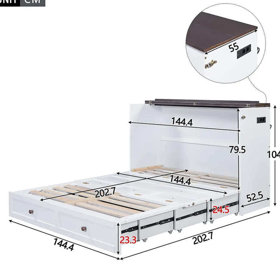 Redom Lit 140x200 cm transformable en armoire, avec tiroirs de grande capacité, tête étagère et prises USB, blanc Outlet
