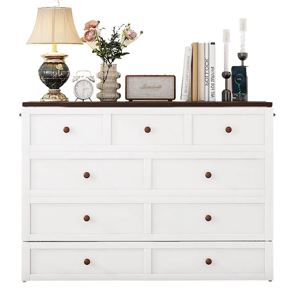 Redom Lit 140x200 cm transformable en armoire, avec tiroirs de grande capacité, tête étagère et prises USB, blanc Outlet
