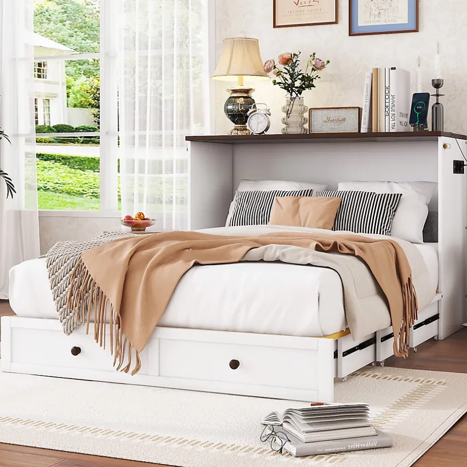Redom Lit 140x200 cm transformable en armoire, avec tiroirs de grande capacité, tête étagère et prises USB, blanc Outlet