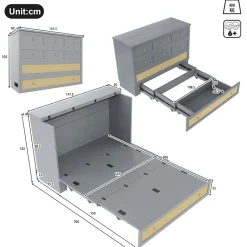 Redom Lit 140x200 cm transformable en armoire, avec tiroirs de rangement et prise USB intégrée, finition grise MDF New
