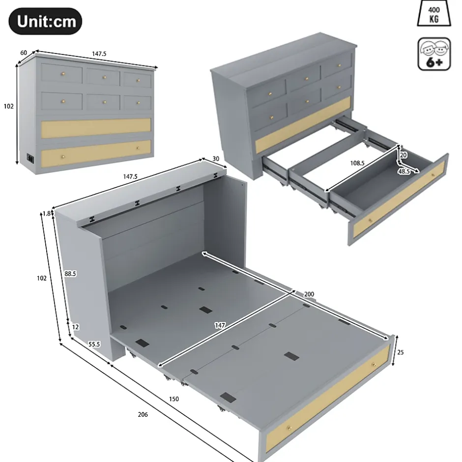 Redom Lit 140x200 cm transformable en armoire, avec tiroirs de rangement et prise USB intégrée, finition grise MDF New
