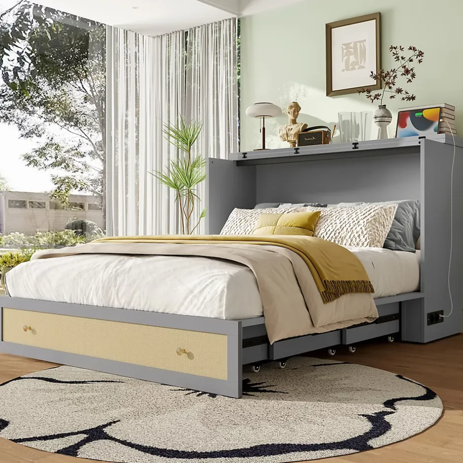 Redom Lit 140x200 cm transformable en armoire, avec tiroirs de rangement et prise USB intégrée, finition grise MDF New