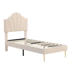 Redom Lit 90x200 cm tête coquillage réglable, pieds métal doré, velours beige et sommier à lattes bois Clearance