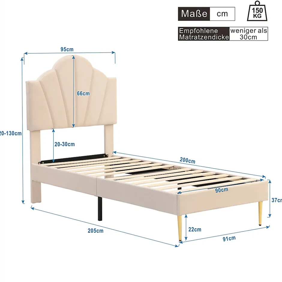 Redom Lit 90x200 cm tête coquillage réglable, pieds métal doré, velours beige et sommier à lattes bois Clearance