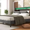 Redom Lit 140x200 cm tête de lit avec rangement, ports USB et éclairage LED, cadre bois massif et tissu lin gris Hot