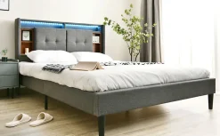 Redom Lit 140x200 cm tête de lit avec rangement, ports USB et éclairage LED, cadre bois massif et tissu lin gris Hot