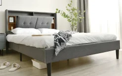 Redom Lit 140x200 cm tête de lit avec rangement, ports USB et éclairage LED, cadre bois massif et tissu lin gris Hot