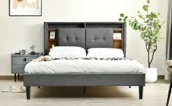 Redom Lit 140x200 cm tête de lit avec rangement, ports USB et éclairage LED, cadre bois massif et tissu lin gris Hot
