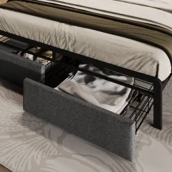 Redom Lit 140x200 cm tête de lit avec rangement et tiroirs, cadre métal et tissu lin gris, LED et station USB New