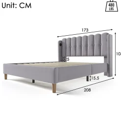 Redom Lit 160x200 cm tête de lit capitonnée avec ports USB et Type-C, cadre tapissé lin gris Hot