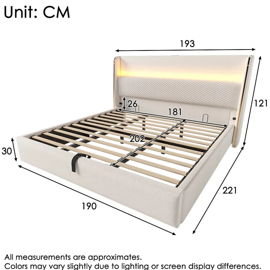 Redom Lit 180x200 cm tête de lit haute tapissée lin, coffre de rangement hydraulique et éclairage LED intégré Online