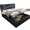 Redom Lit 140x200 cm tête de lit rembourrée avec éclairage LED pilotable et coffre hydraulique, revêtement PU noir