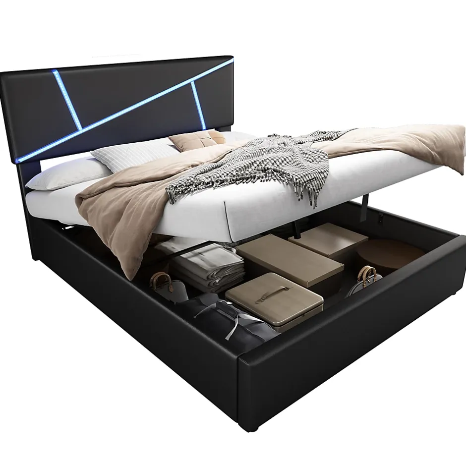 Redom Lit 140x200 cm tête de lit rembourrée avec éclairage LED pilotable et coffre hydraulique, revêtement PU noir