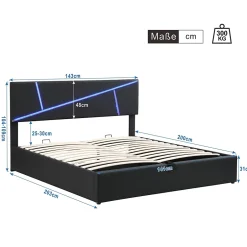 Redom Lit 140x200 cm tête de lit rembourrée avec éclairage LED pilotable et coffre hydraulique, revêtement PU noir