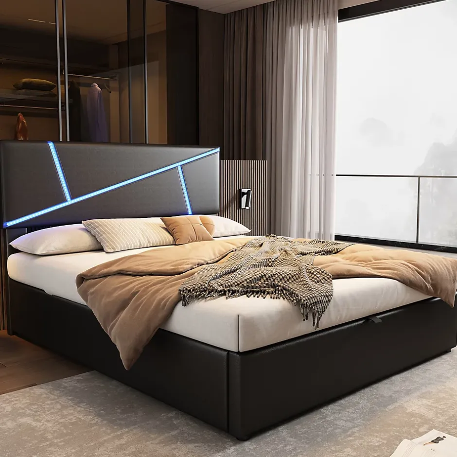 Redom Lit 140x200 cm tête de lit rembourrée avec éclairage LED pilotable et coffre hydraulique, revêtement PU noir