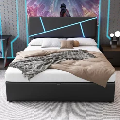 Redom Lit 140x200 cm tête de lit rembourrée avec éclairage LED pilotable et coffre hydraulique, revêtement PU noir