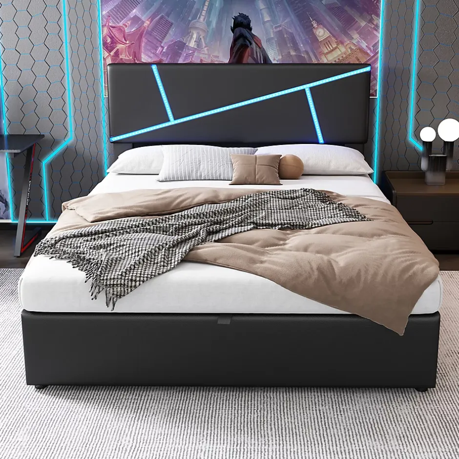 Redom Lit 140x200 cm tête de lit rembourrée avec éclairage LED pilotable et coffre hydraulique, revêtement PU noir