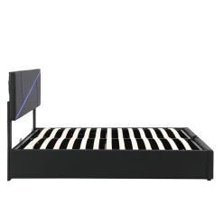 Redom Lit 140x200 cm tête de lit rembourrée avec éclairage LED pilotable et coffre hydraulique, revêtement PU noir