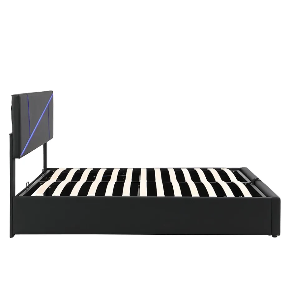 Redom Lit 140x200 cm tête de lit rembourrée avec éclairage LED pilotable et coffre hydraulique, revêtement PU noir