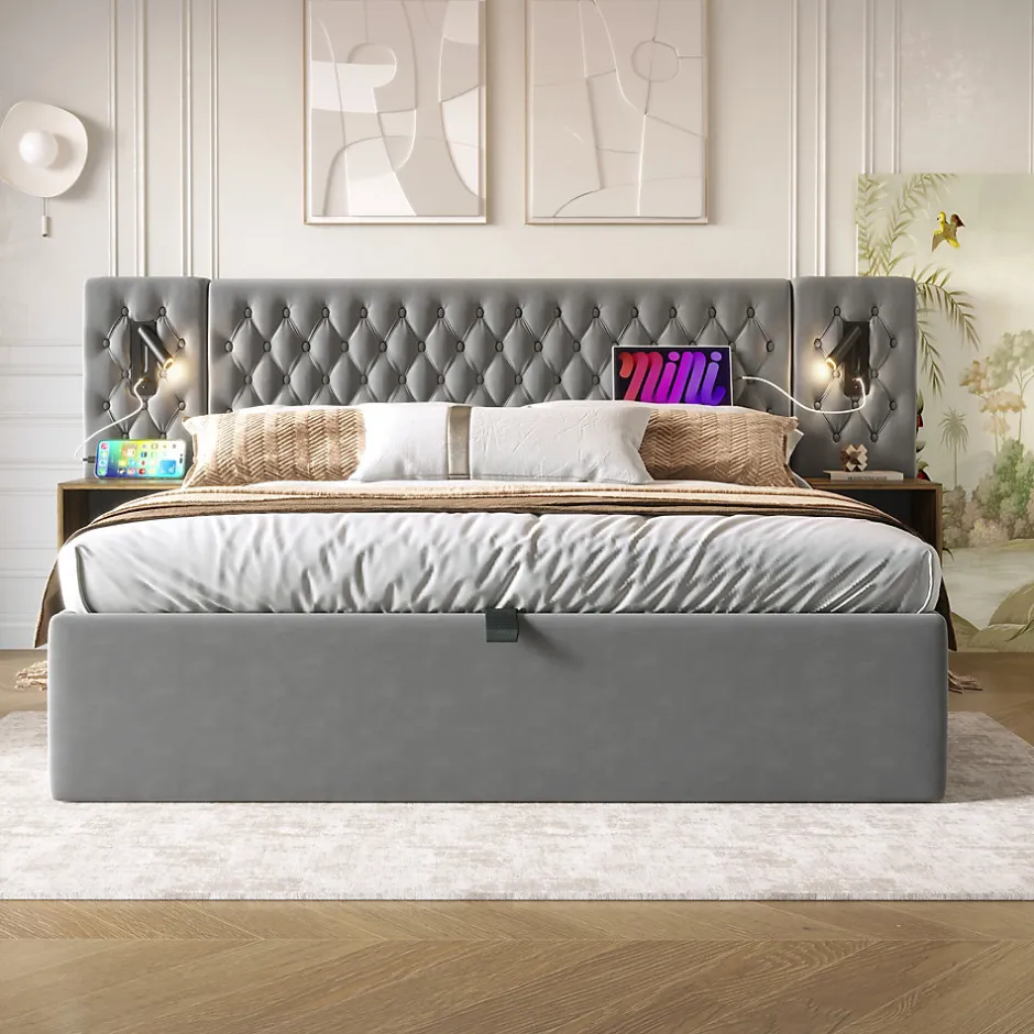 Redom Lit 180x200 cm, tête de lit velours gris et rangement hydraulique, deux chevets finition bois avec USB/Type-C