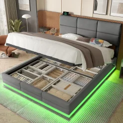 Redom Lit 140x200 cm velours gris foncé, tête de lit réglable 3 positions et grand coffre hydraulique intégré New